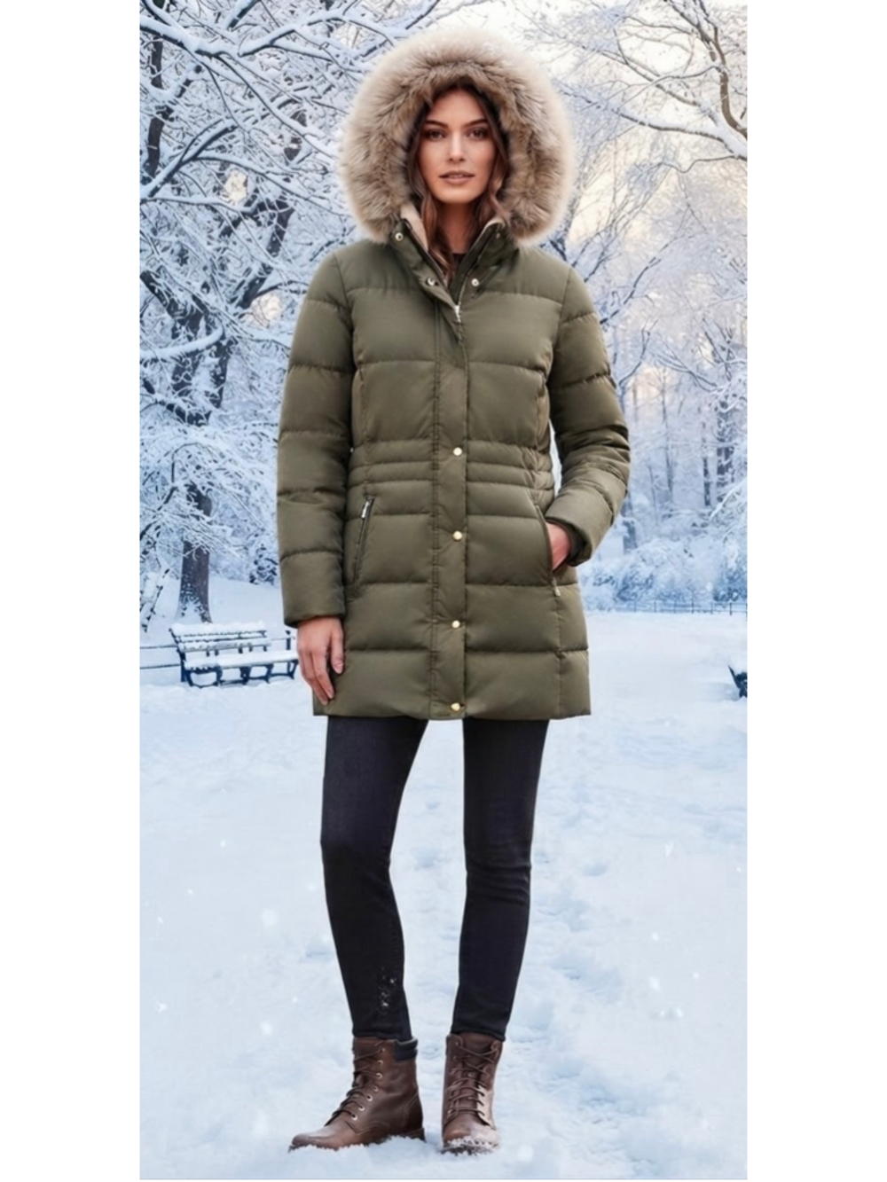 LRL Ralph Lauren Green Down Puffer Coat Faux Fur Hood Size Large EUC Preppy
